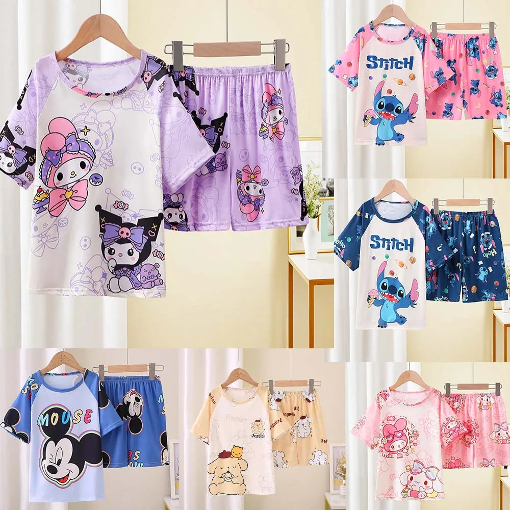 

New Summer Children's Clothing Sets Stitch Angel Boy Sleepwear Short Sleeved Pants Clothes Kids Pajamas Set Baby Girls Pyjamas