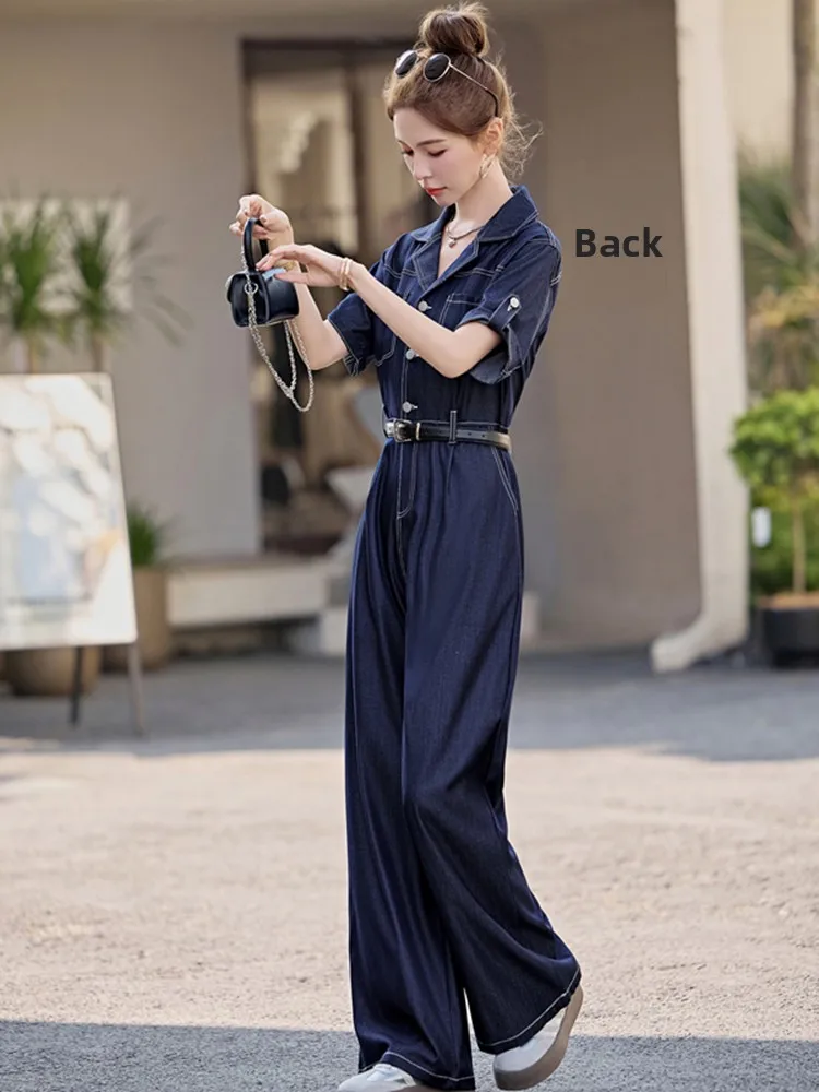 Letni kombinezon dżinsowy z szerokimi nogawkami, damski, modny, z wysokim stanem, wyszczuplający, prosty krój, lekki poliester.