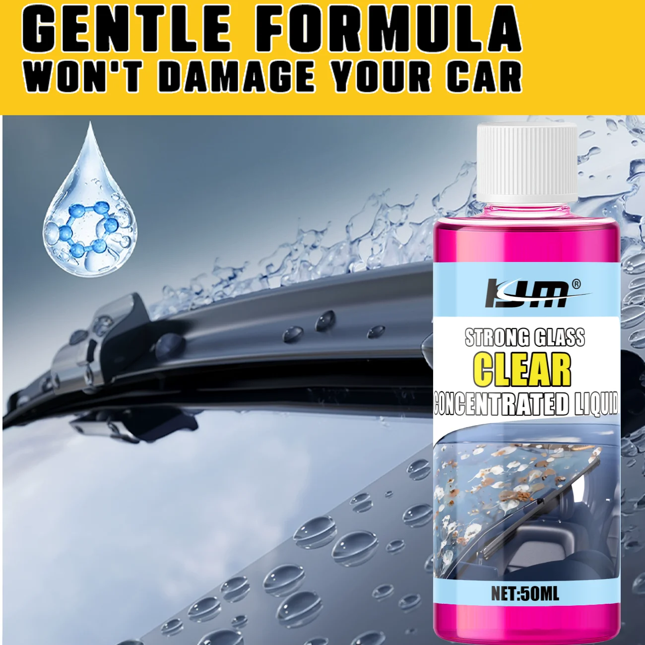 KJM Concentrated Car Glass Cleaner, Gentle Non-Corrosive Windshield Washer Fluid Additive, Streak-Free Formula for All Vehicles
