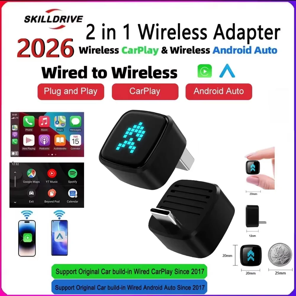 

Skilldrive 2026 mini 2 in 1 Wireless CarPlay Apapter Type C Port CarPlay Android Auto USB Converts Wired to Wireless Plug & Play