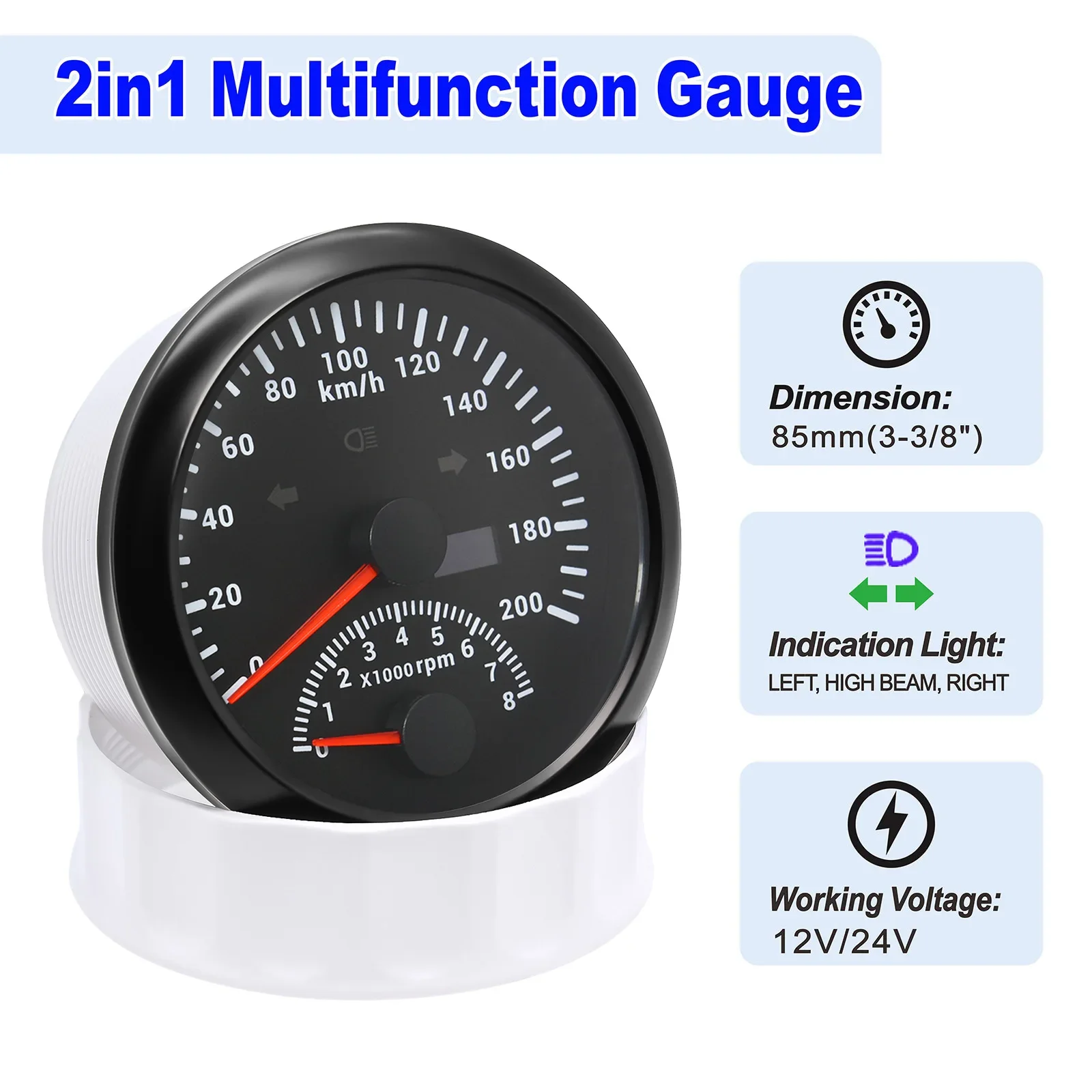 Red Light 2IN1 85mm Dual Gauge GPS Speedometer+Tachometer 8000 RPM Odometer with GPS Antenna Turn Light Auto Car Boat 12V 24V