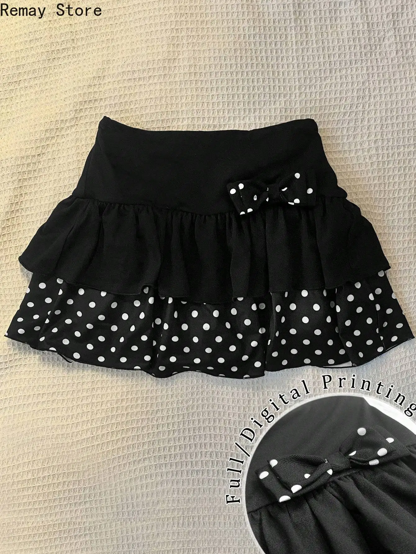 Harajuku Polka Dot Piano Print Mini Skirt Women's High Waist Ruffle Bow Trim Casual Party Music Festival Daily Japanese Outfits