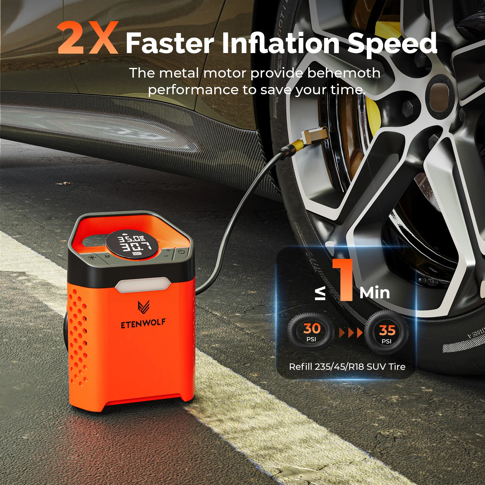 New ETENWOLF V3 Portable Tire Inflator Car Compressor 100% Duty Cycle 7800mAh Air pump for Cars Motorcycles Power Bank LED Light