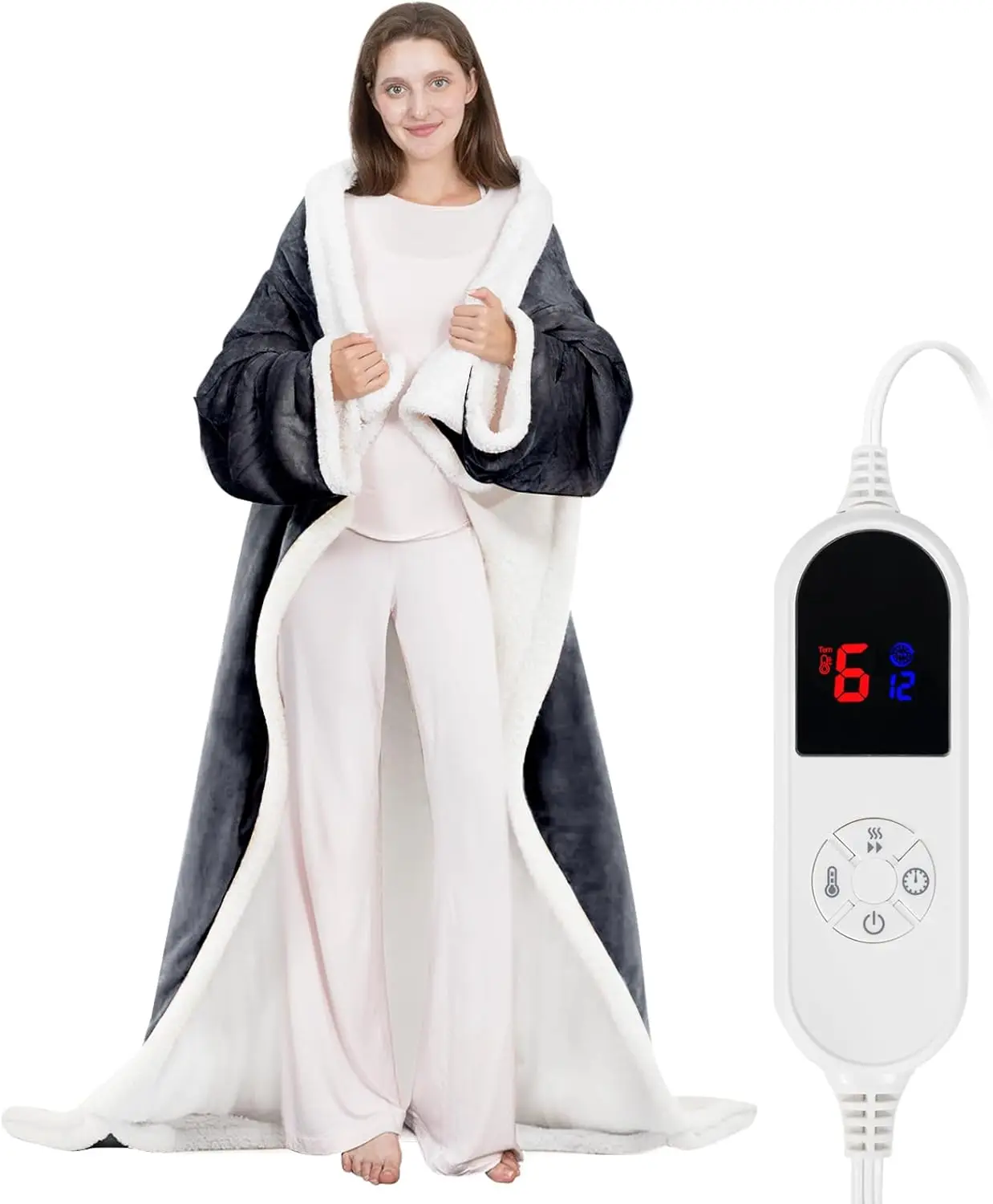 

Electric Blanket Wearable Heated With Sleeves Foot Pocket Flannel Sherpa Charcoal 52x72 6 Heat Settings 12 Hour Timer