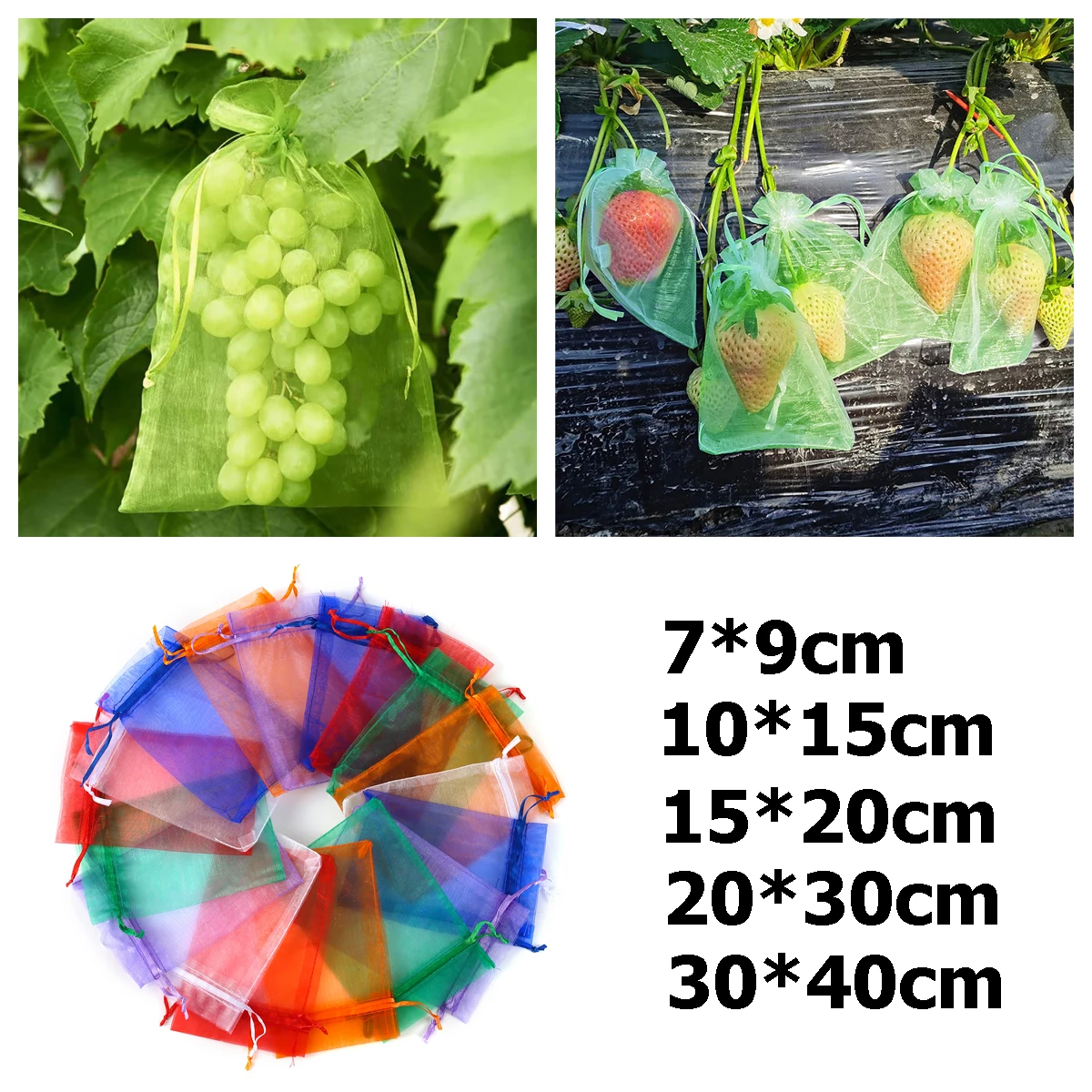 Drawstring Net Mesh Bag Fruit Vegetable Protect Growing Bag 5 Size 6 Color Strawberry Grape Peach Tomato Anti-Bird Pest Control