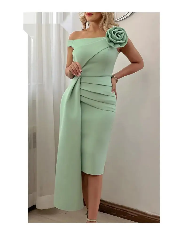 Vestido de fiesta verde de manga corta con hombros descubiertos para mujer, vestido de noche elegante hasta la rodilla para verano, 2023