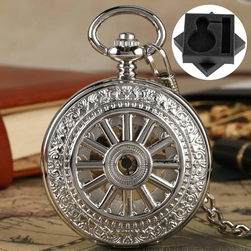 

Винтажные механические карманные часы с ручным заводом, дизайн с полой ступицей и цепочкой-брелоком, серебро, золото, черный кулон, часы, подарок
