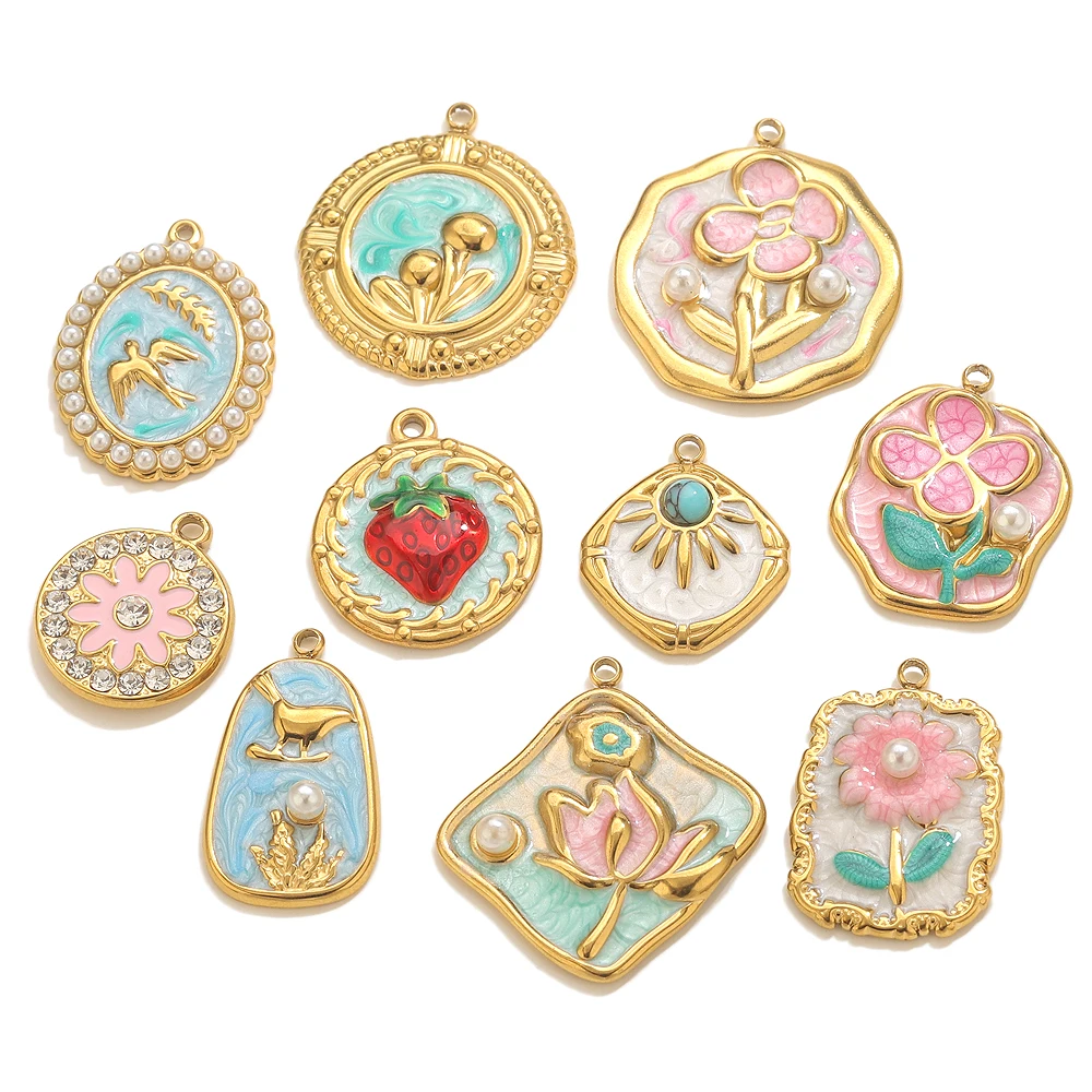 5pcs Stainless Steel Enamel Flower Charms For Jewelry Making DIY Earrings Nacklace Connectors Designer Jewelry Pendants Crafts