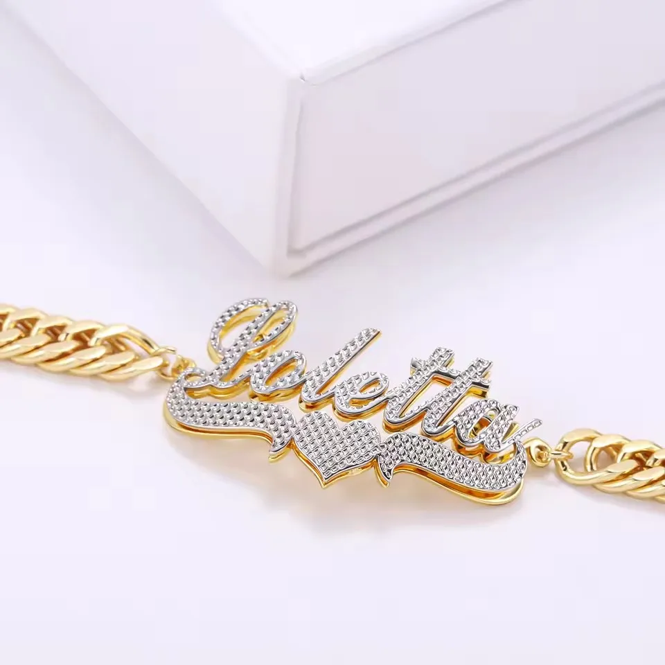 Women's Bracelet Daily Jewelry Holiday Gift For Her Stainless Steel Cuban Chain High Color Customized Name Two Tone Bracelet