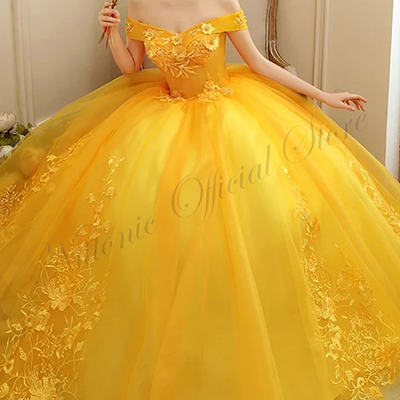 Gold Quinceanera Dress Lace Appliques Off the Shoulder Floor-Length Elegant Ball Gown Pornos De 15 Años Prom Party Vestidos 2023