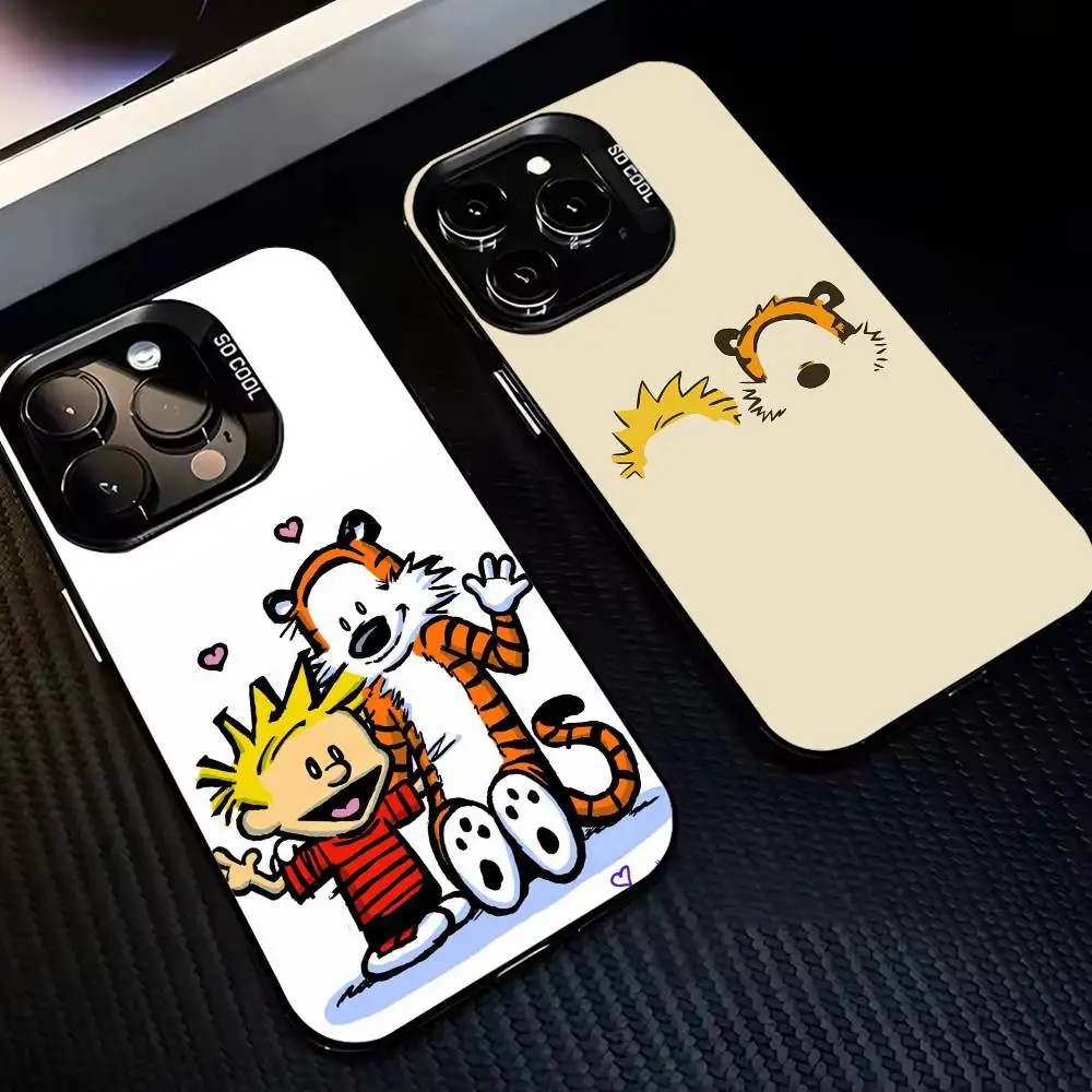 

C-CalvinS And H-Hobbes Retro Phone Case For iPhone17,16,15,14,13,12,11,Pro,MAX Gray Matte Silicone Black Cover