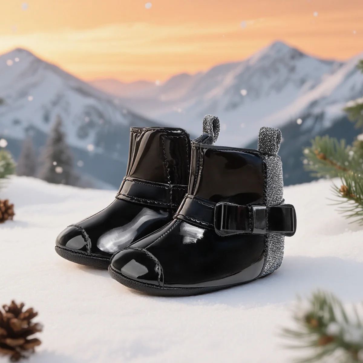 

Sparkling Baby Girls Leather Booties Cute Bowknot Fashion Versatile Toddler First Walkers Winter Warm Anti-slip Walking Shoes