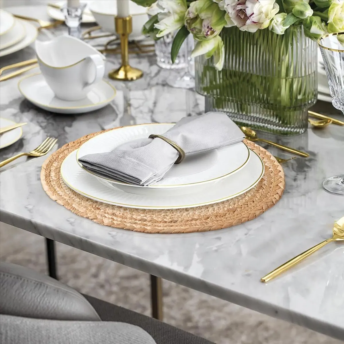 

Набор подставок в стиле бохо из 12 штук — тканые коврики ручной работы, коврики из водяного гиацинта, круглые подставки для столовых приборов для обеденного стола, кухни, 13 дюймов