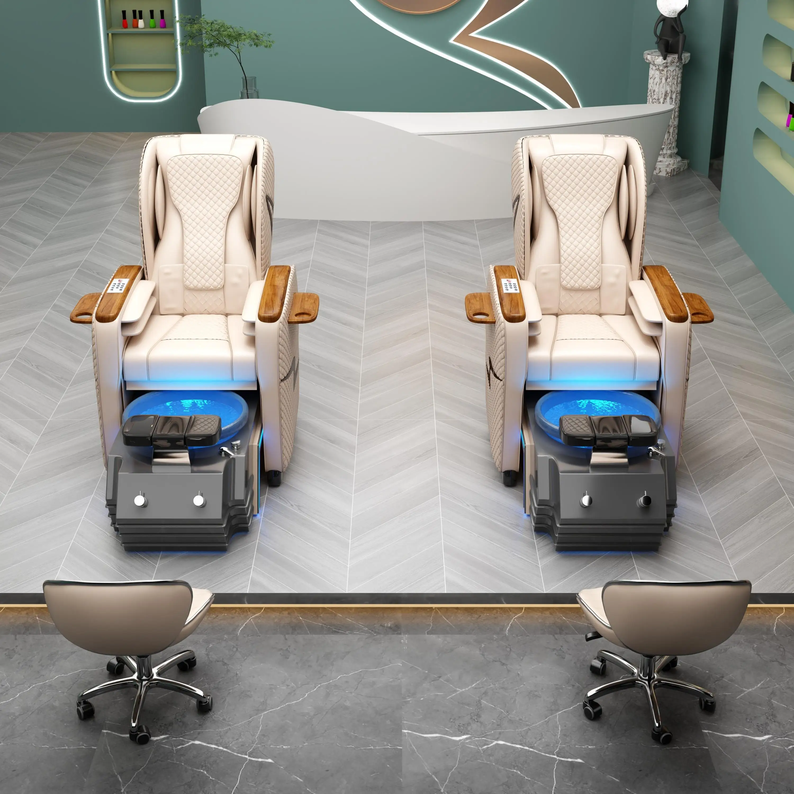 Czarne elektryczne krzesło do pedicure z masażem stóp, manipulatorem, podświetleniem, szklaną miską z efektem fali wodnej i pompą odpływową.