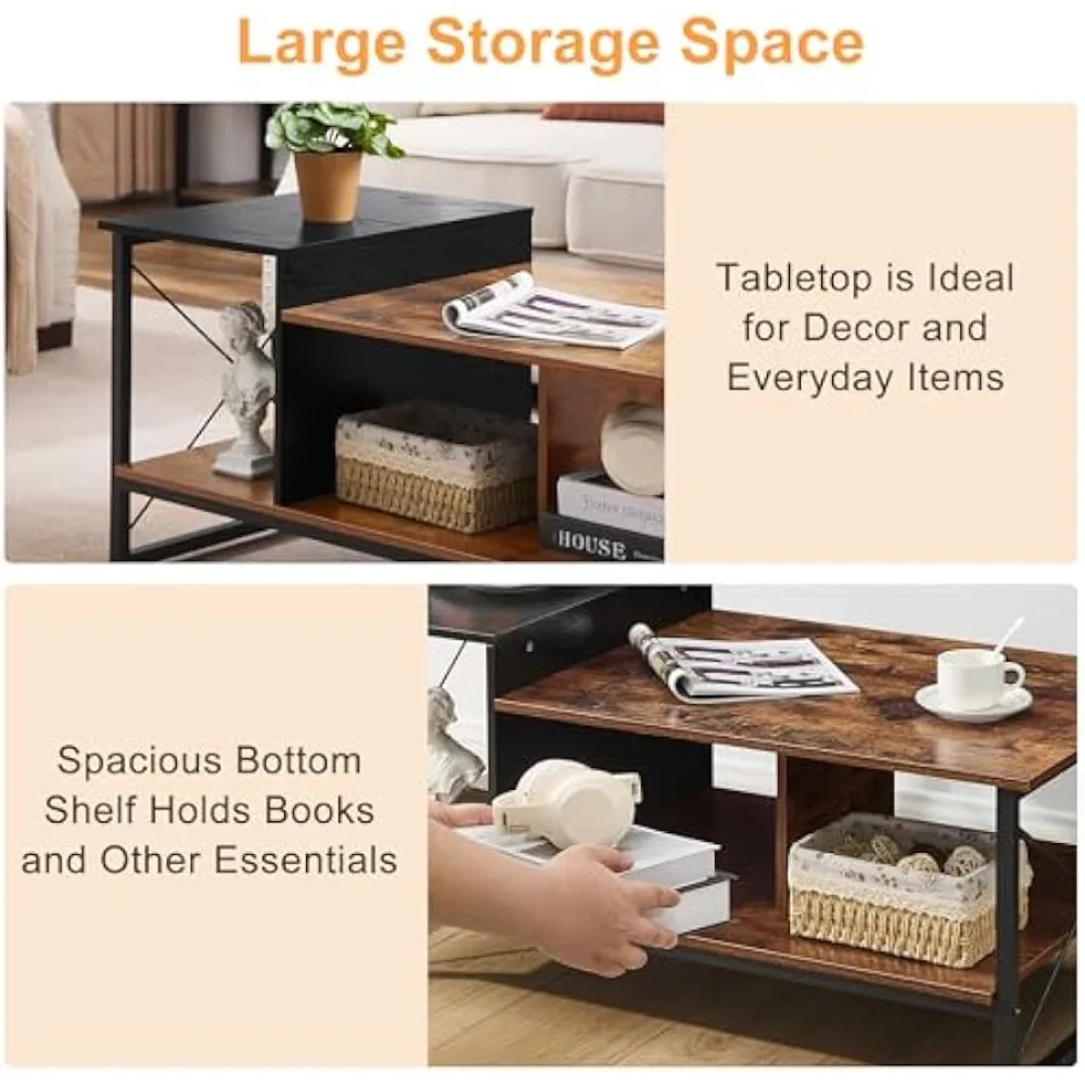 Mesa de centro preta de 2 camadas de madeira vecelo com prateleira de armazenamento para recepção de sala/escritório, estrutura de metal e tampo de madeira, moderna