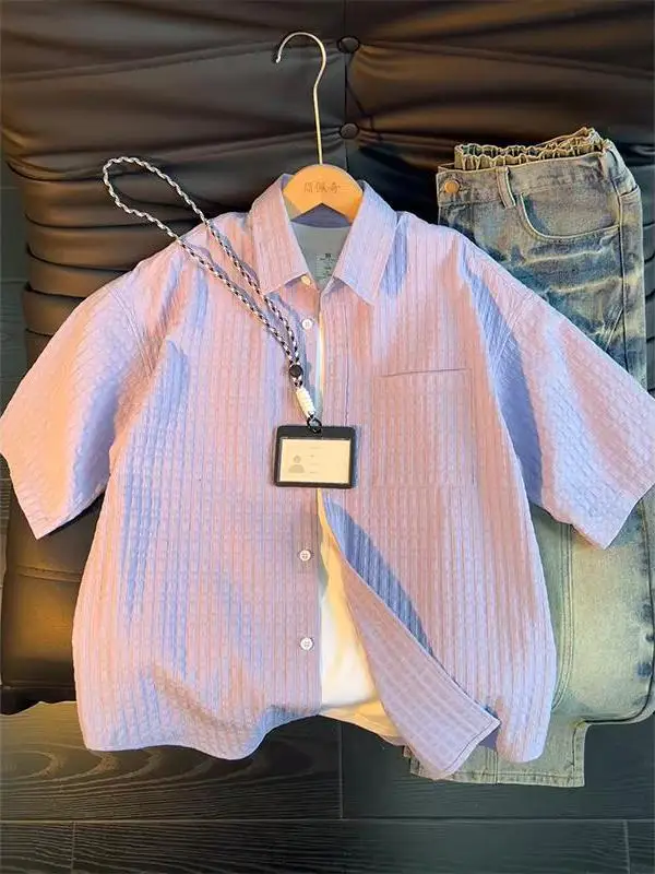 

Light Purple Bubble Shirt Men's Short Sleeve Summer Lightweight Breathable Lazy Style High Quality Couple Half Sleeve Blouse
