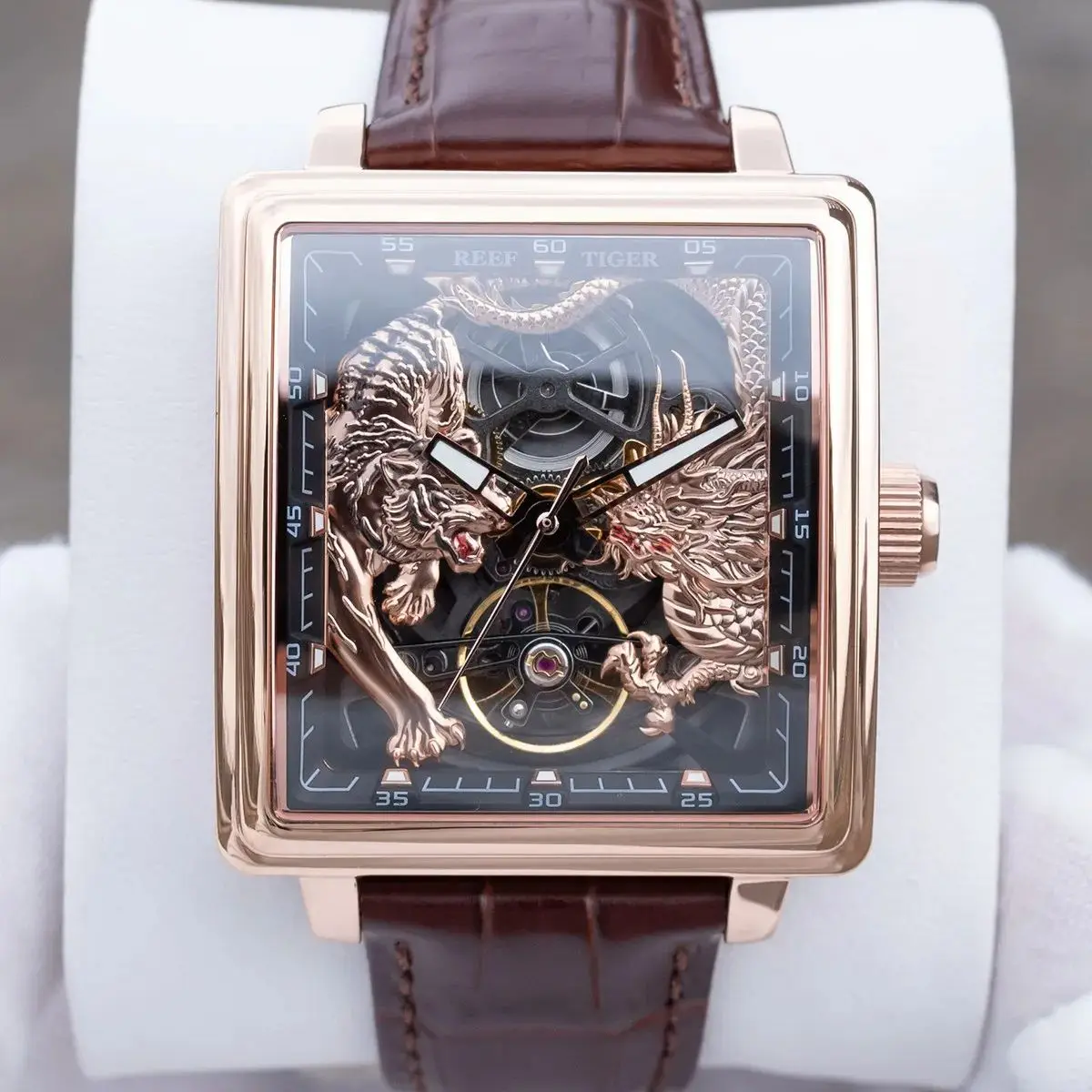 Reef Tiger Men Automatic Watch Fashion 39mm Square Mechanical Wristwatch Luminous Relief Dragon & Tiger Dial Sapphire Mirror
