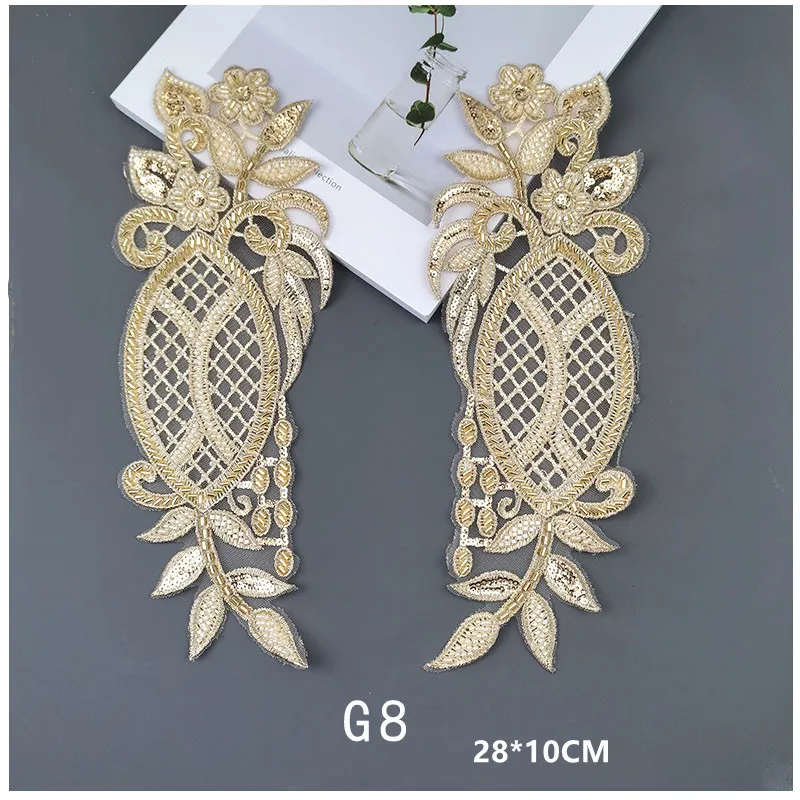 Perlenstickerei, modischer Cheongsam, hellgoldener Applikations-Aufnäher, handgenähte Spitze, Spiegelblumen, Hochzeitskleid, 1 Paar, 2 Stück – Detail 10