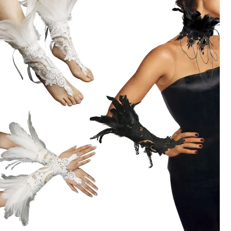 

Модные перьевые манжеты-перчатки для вечеринок, косплея, кружевные манжеты на запястье, меховые аксессуары, карнавальный сценический костюм
