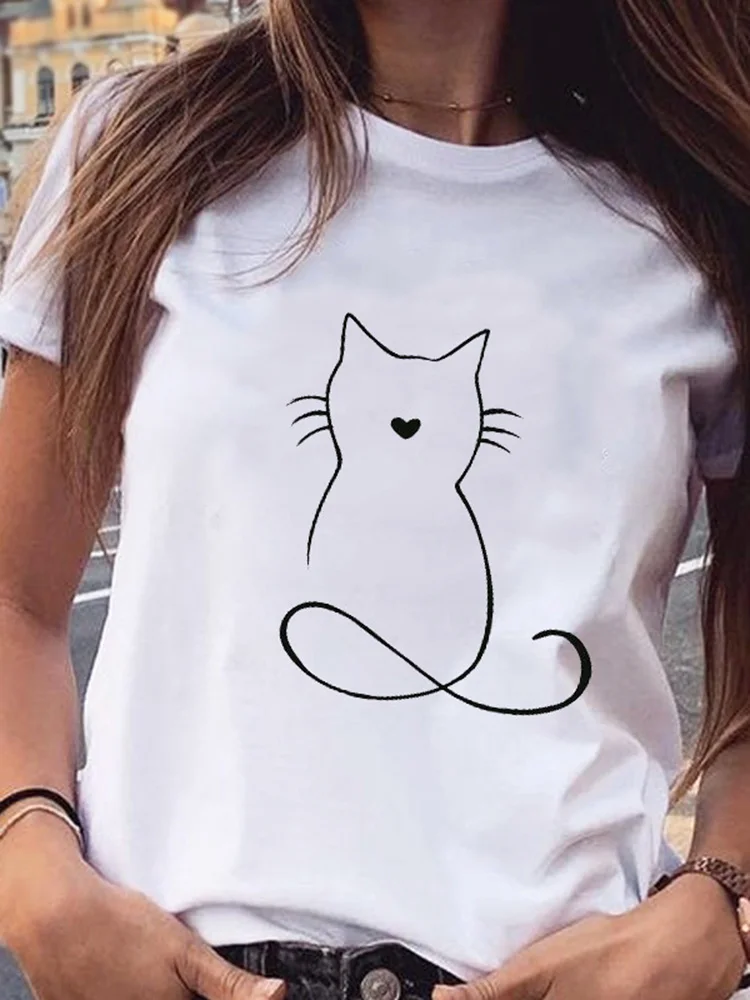 

Cartoon Print Ladies Clothing Summer T Shirt Women Fashion Tee Cat Love Trend New Style Female Kawaii Black White Top