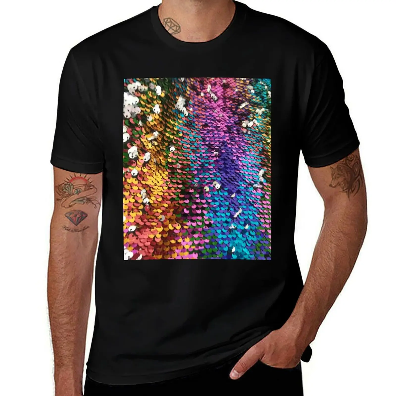 Photographic Image of Multi-colored Sequins T-Shirt No Iron Casual Short Sleeve Top T-Shirt