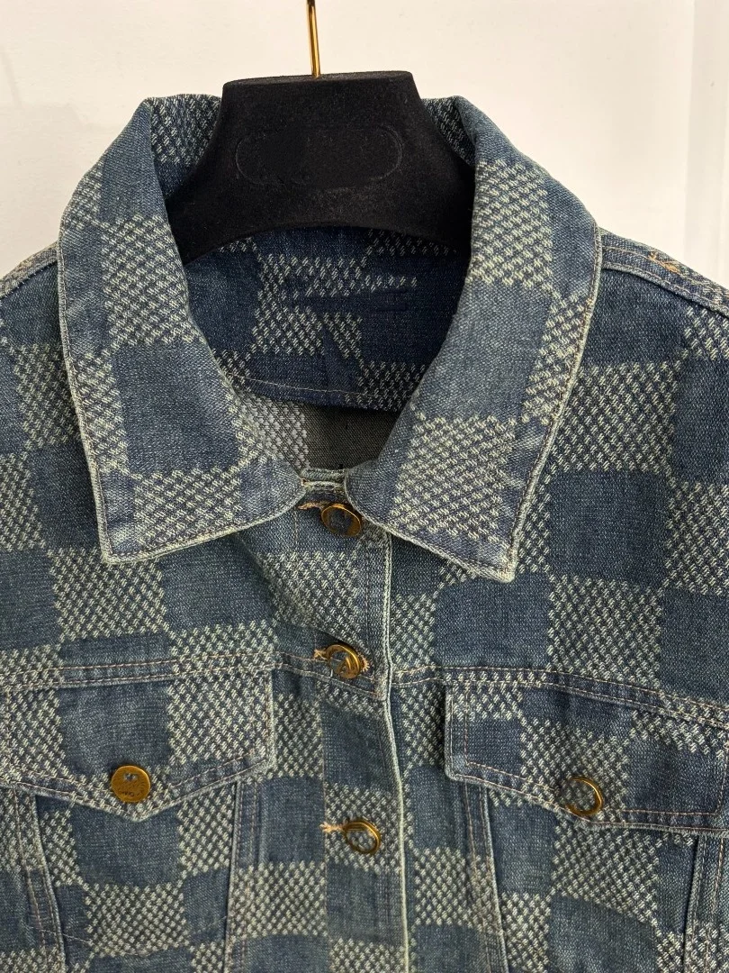 Retro Plaid Denim Jacket Women's Short Collarless Coat Slimming Casual Top Versatile Fashionable Button up Long Sleeve