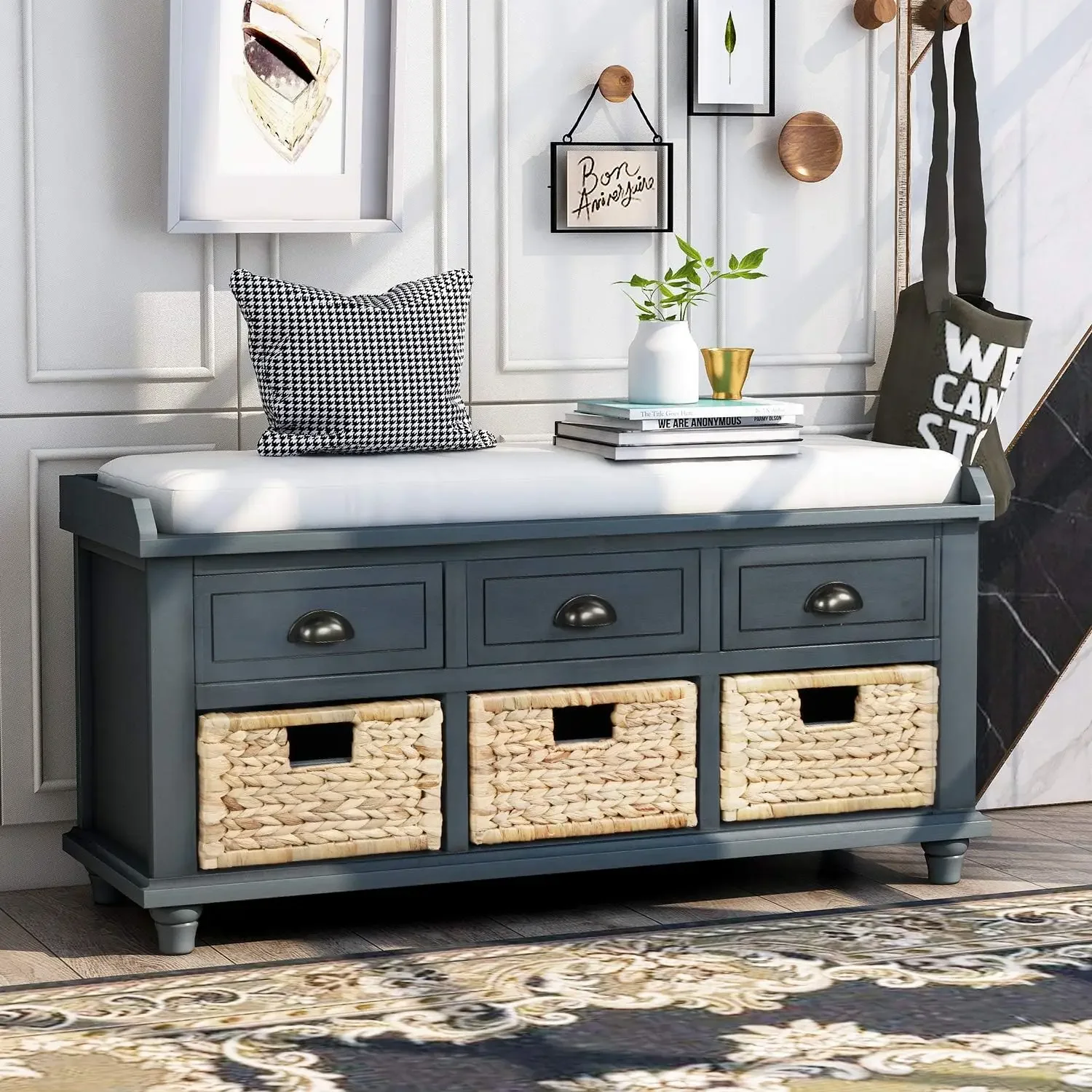 Entryway 6-Drawer Storage Bench with Removable Cushion, Entry Hallway Foyer Shoe Bench End of Bed Bench