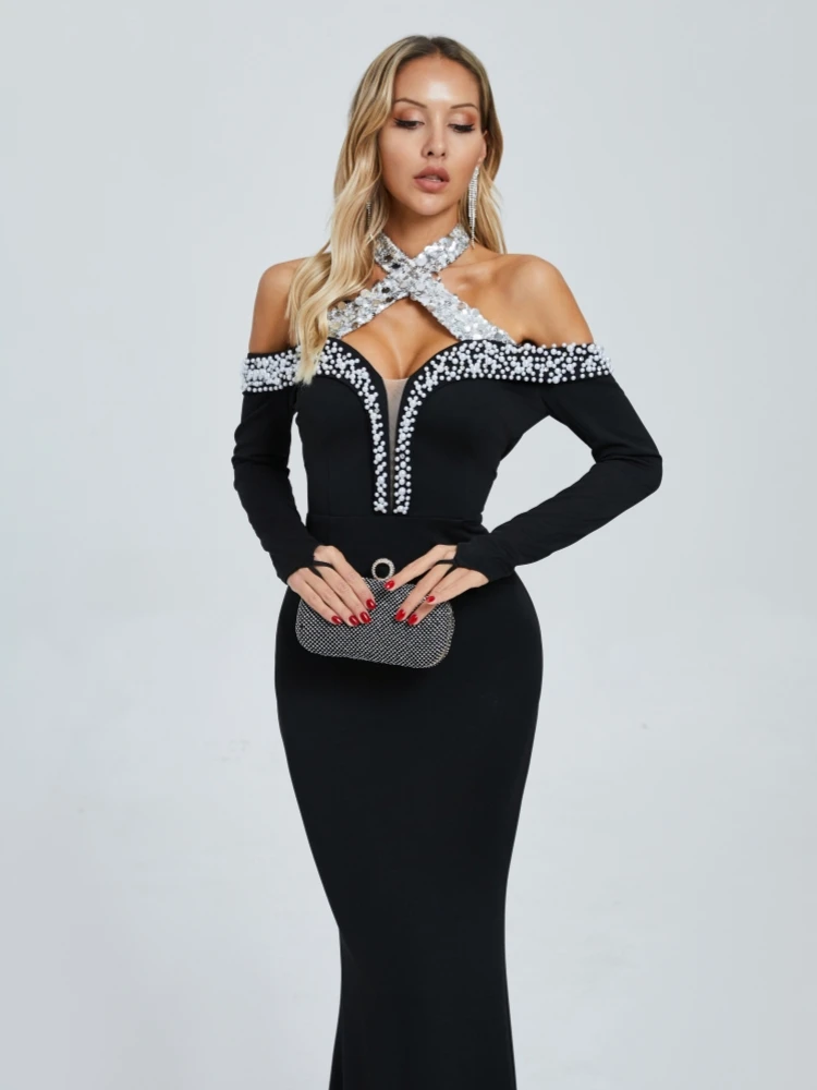 Sexy Neckholder Pailletten Perlen Maxikleid Frauen Schwarz Schulterfrei Langarm Perlen Schlanke Lange Kleider Abend Promi Party