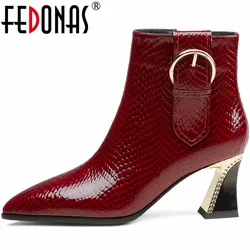 FEDONAS Mature Genuine Leather Women Ankle Boots High Quality Buckle Pointed Toe 2024 Autumn Winter High Heels Office Lady Basic