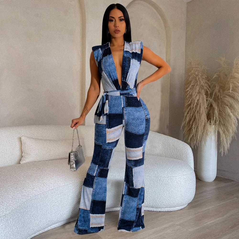 

Sexy Patchwork Print Jumpsuit Women Belt One Piece Outfit 2023 Autumn Street Flare Pant Female V Neck Luxury Elegant Jumpsuit