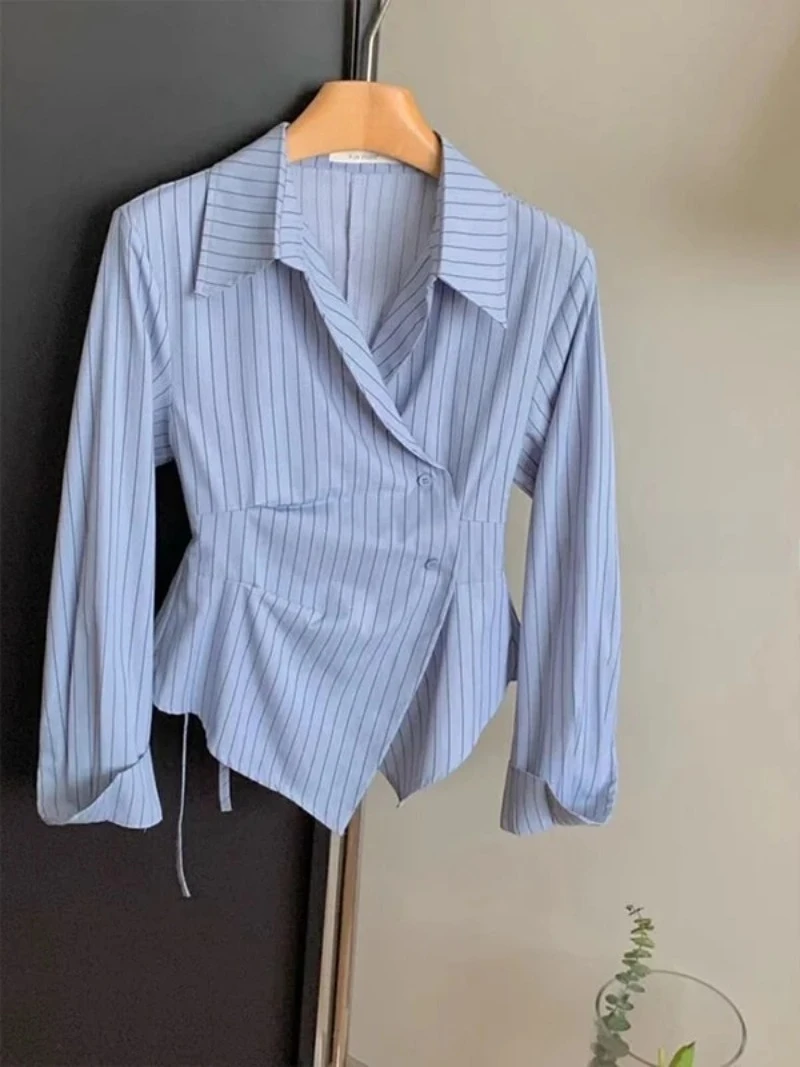 2025 Autumn New Korean Edition Fashionable Design Irregular Waist slimming Fashionable Striped Shirt Top versatile Women's Wear