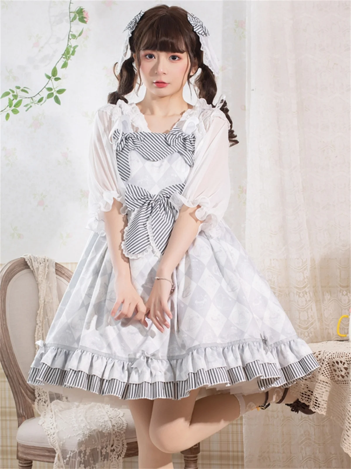 Ragazze dolci giapponesi Cosplay Lolita Jsk Kawaii stampa strisce griglia maglia volant nastro Bowknot carino vestito a vita alta