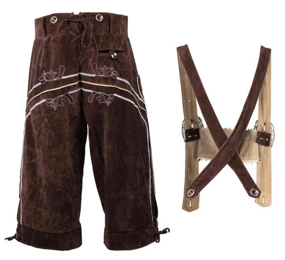 Duits Oktoberfest Cosplay Kostuum Heren Bavarische Lederhosen Met Bretels Korte Broek Halloween Carnaval Trachten Kleding