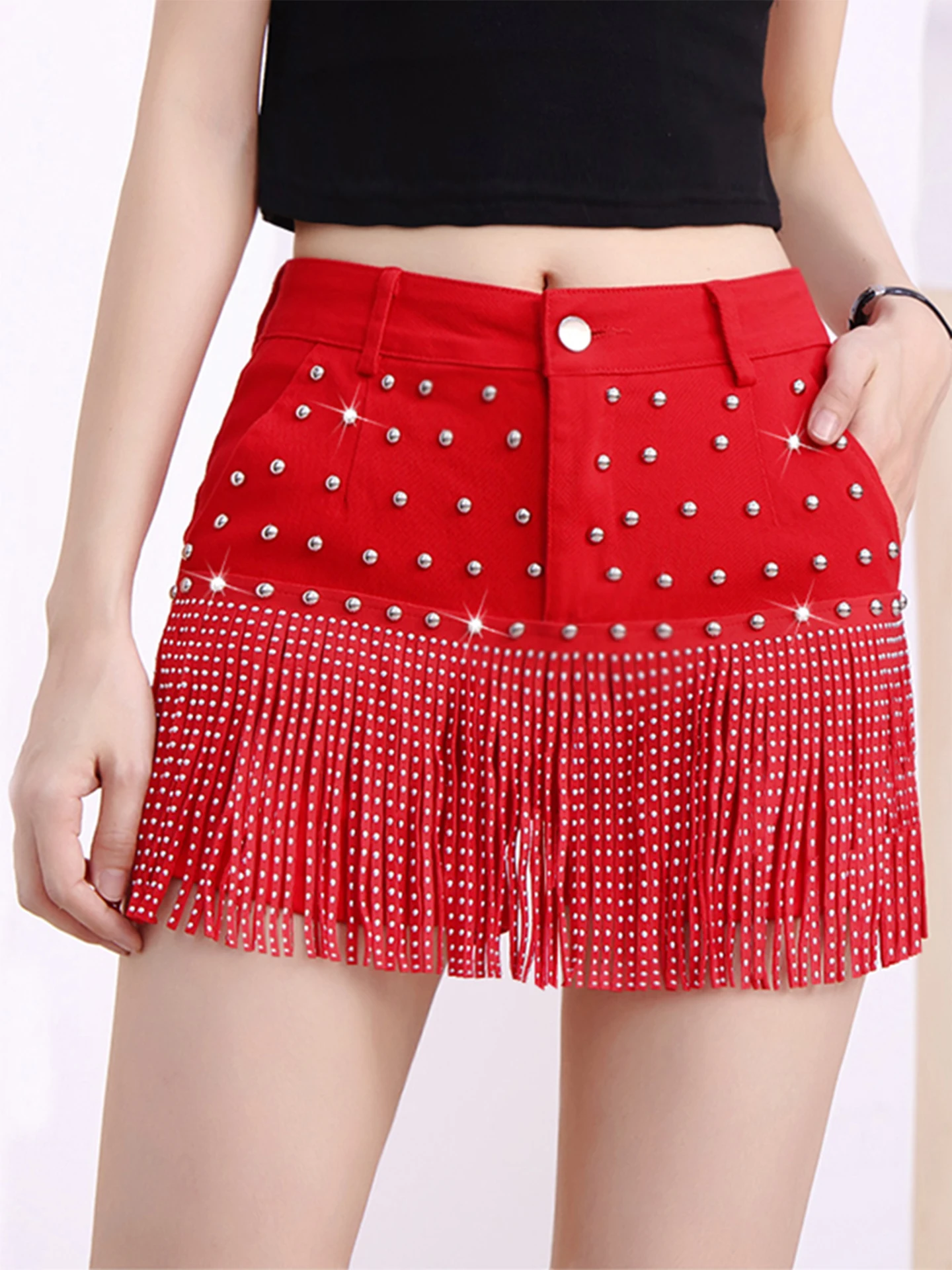 Rocker Style Sequin Trim Short Pants Women's Heavy Duty Rivet Stage Costume High Waist Slim Fit Sexy Latin Dance Skirt Candy ...