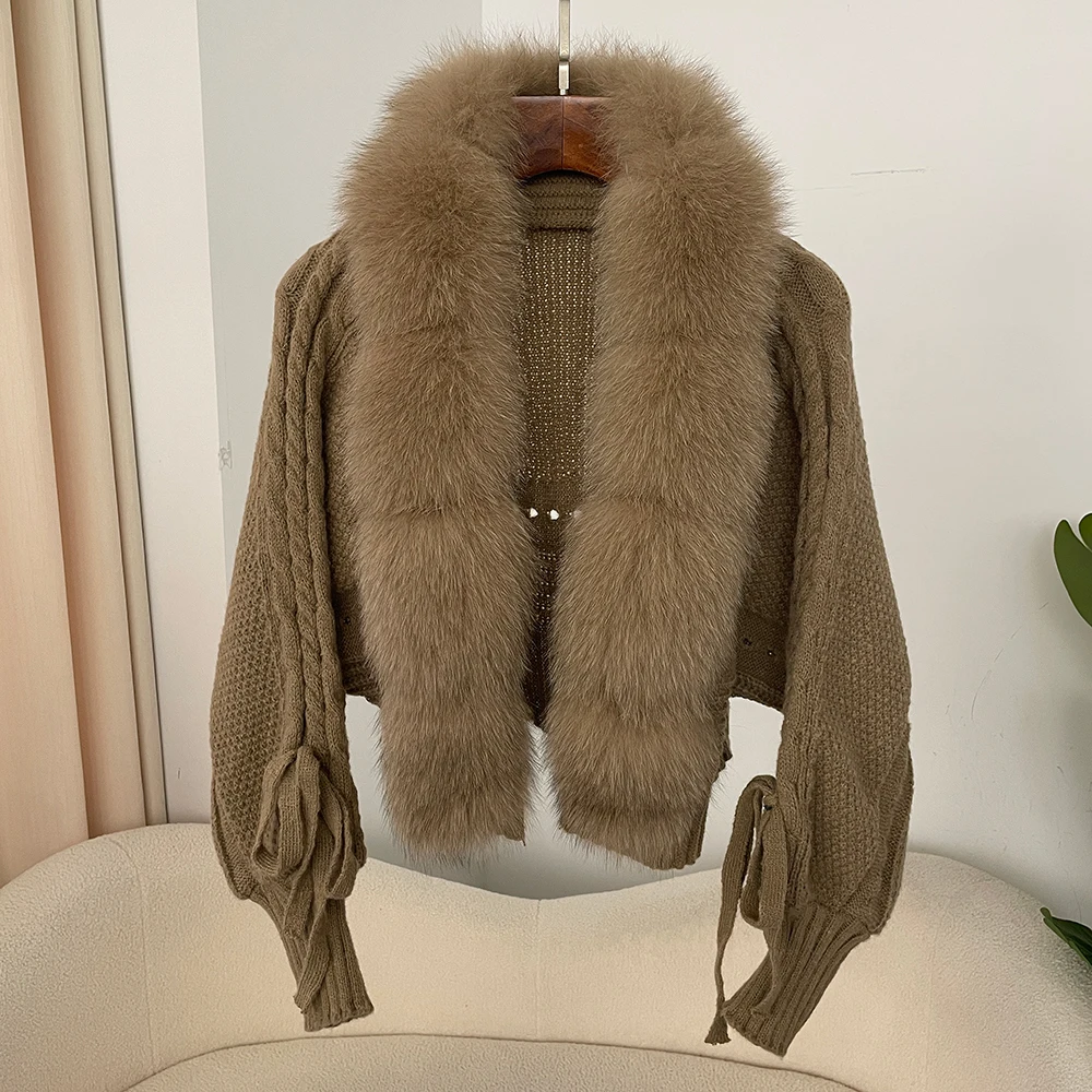 New Knitting Cardigan 2024 Winter Women Knitted Jacket with Natural Fur Placket Coat Casual Real Fox Fur New Fashion Short Warm