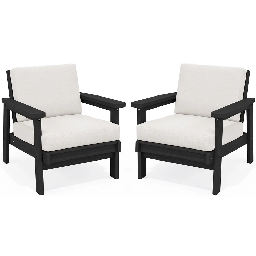 HDPE Outdoor Couch Set of 2, AllWeather WoodLike Patio Furniture Set, Black Outdoor Sofa Chairs with Khaki Cushions