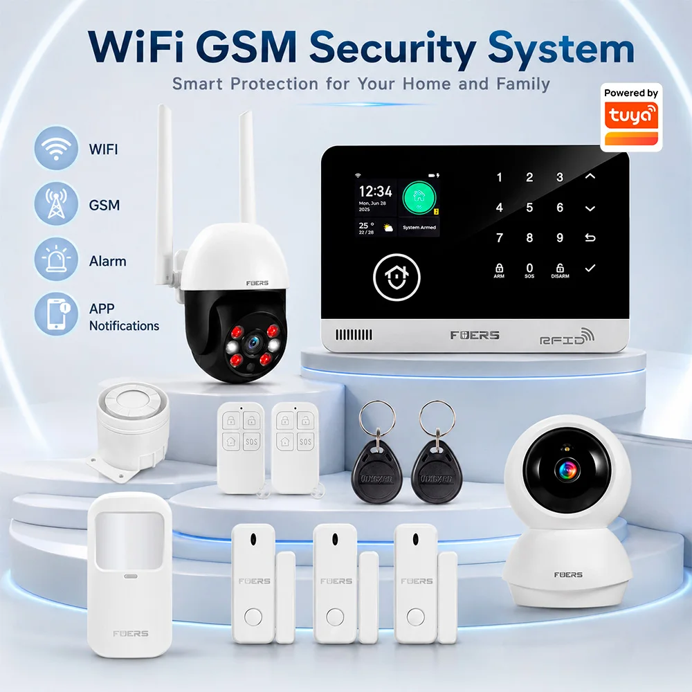 FUERS G03 WIFI GSM Alarmsystem-Kit für Haussicherheit Einbruchmeldeanlage Diebstahlwarnung Kompatibel mit Tuya Smart Home App Unterstützt Alexa