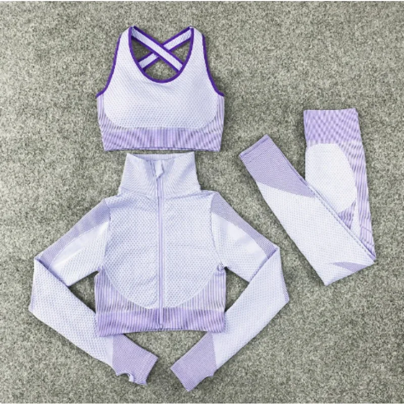 Women's 3PC Seamless Gym Clothing Workout Outfit with Jacket Bra & Leggings Set Three-piece Yoga Suit for Sports Fitness