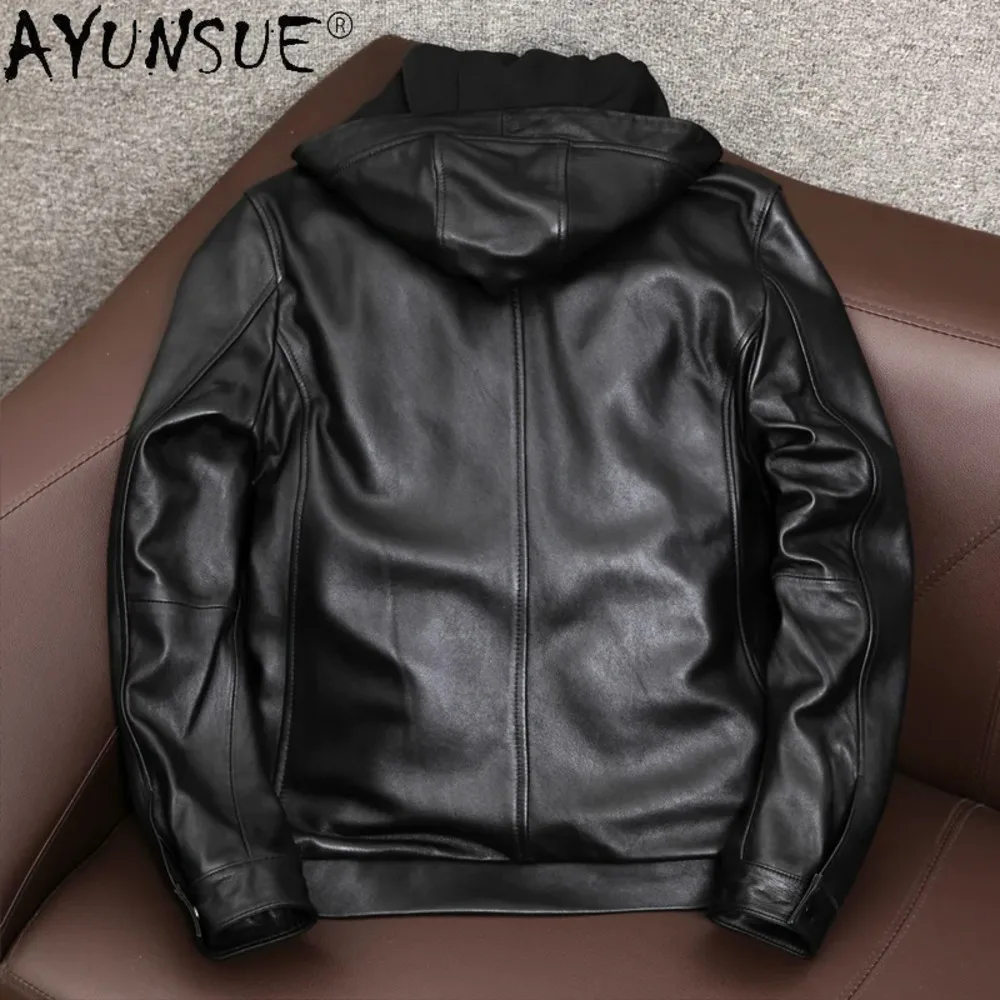 Men's AYUNSUE Genuine Leather Jacket Men Hooded Korean Natural Sheepskin Coat Plus Size Lether Jackets Man Hommes Veste KJ6769