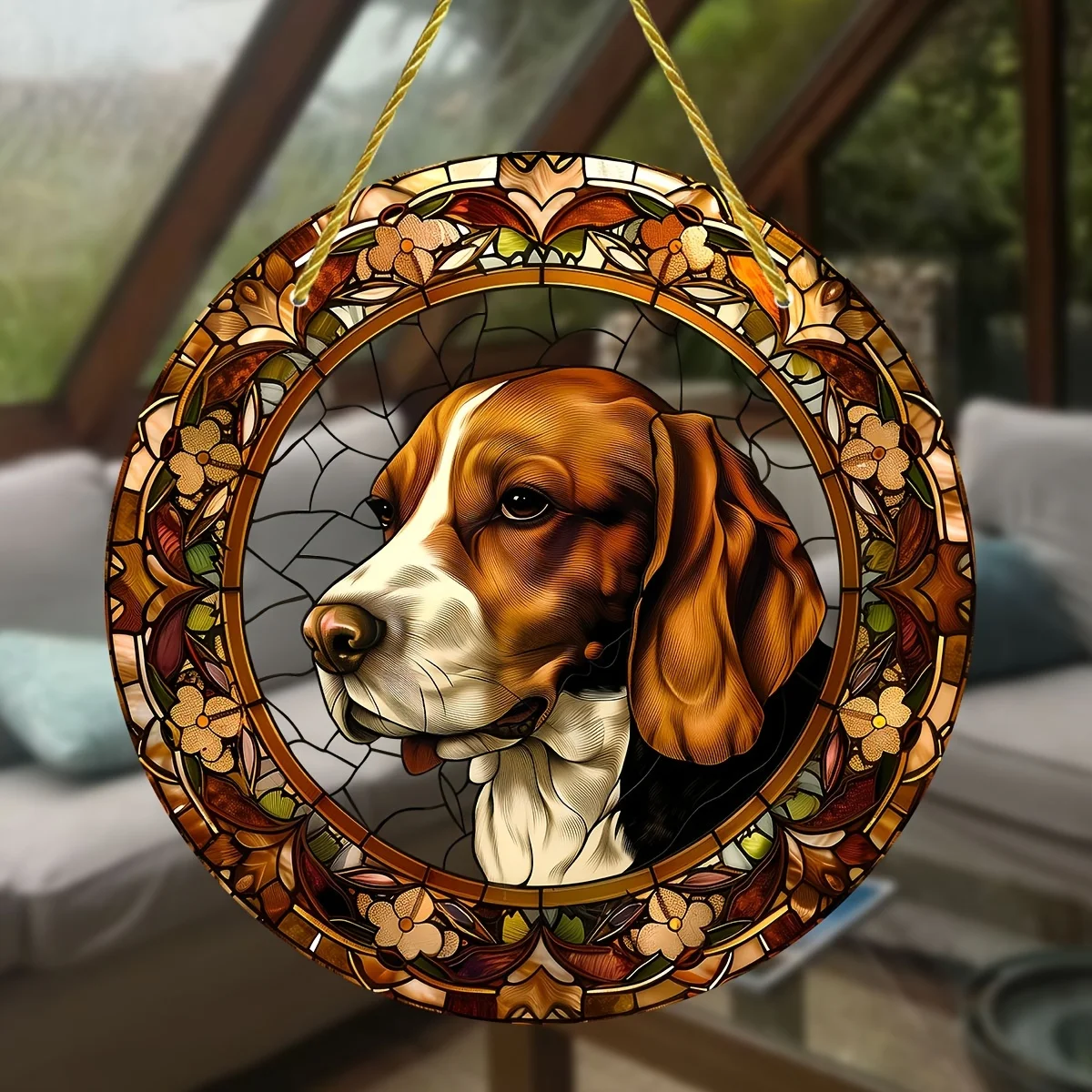 Beagle Dog Stained Glass Window Hanging Suncatcher,Round Acrylic Sign for All-Season Decoration,Wreath,Garden,Home,Office Decor