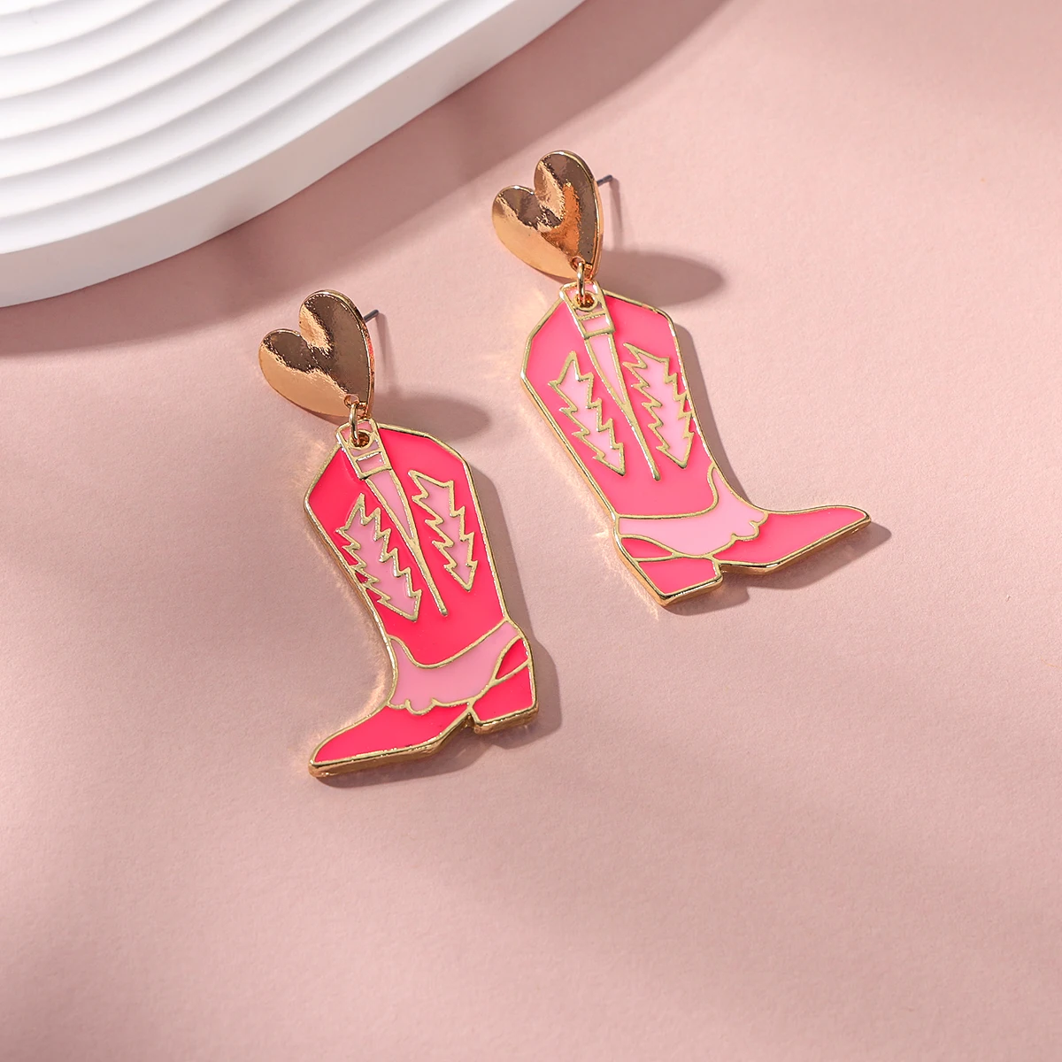 Punk style, charm, western cowboy style love heart pink boots, earrings, travel, vacation, Valentine's Day jewelry