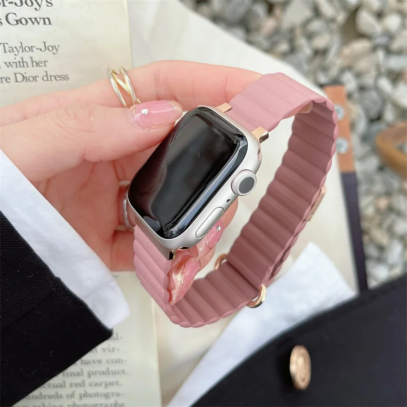 New Pink Leather Strap For iwatch Series Band Ultra 8 7 SE 6 5 4 41mm 45mm Luxury Correa Watchband For Apple Watch 38 42 44 40mm