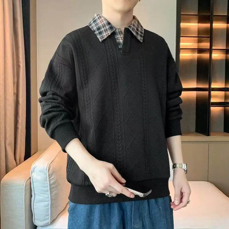 Spring Men High Street Sweatshirt T-shirt Patchwork Plaid Shirt Collar Stripe Retro Baggy Pullovers Oversize Black White T-shirt