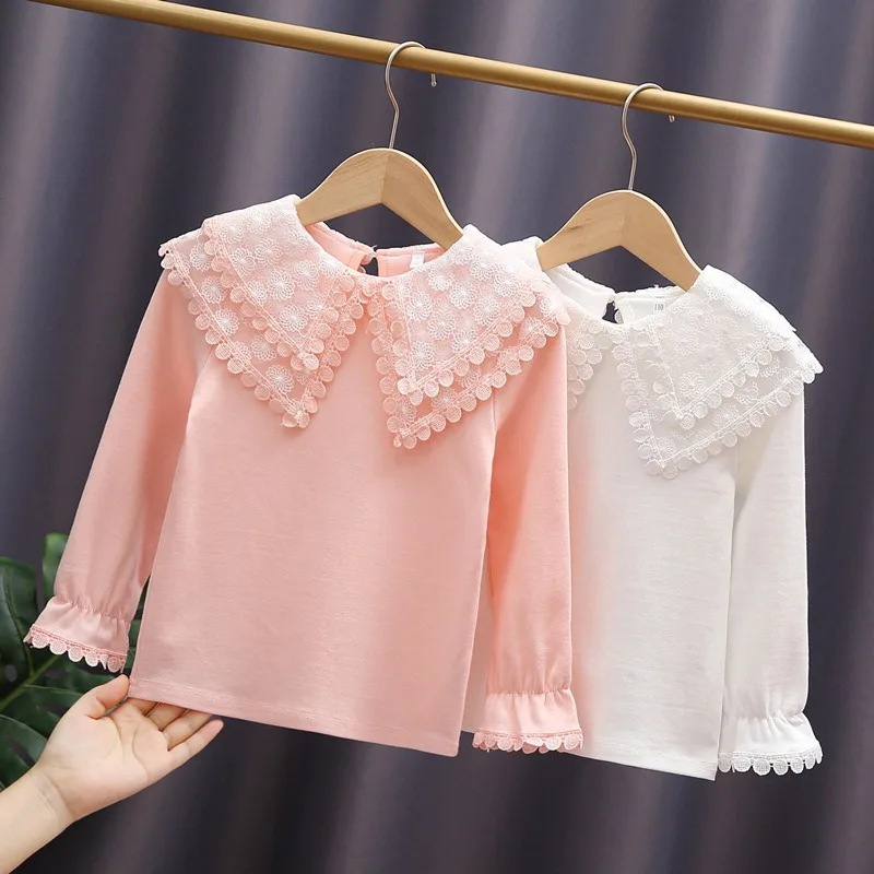

3-12 Years Children Clothes 2025 Spring Autumn Toddler Teen Girls White Blouse Cotton Lace Puff Sleeve Shirts Kids Pullover Tops