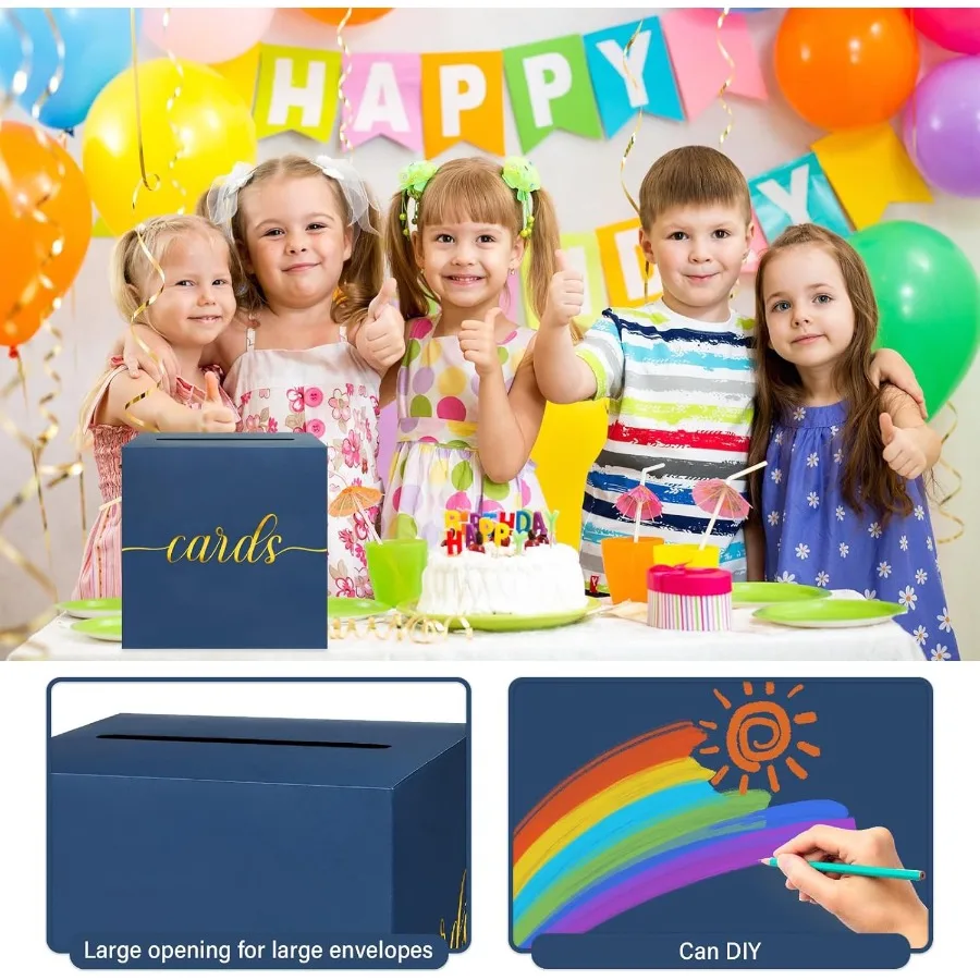 1 Pack Navy Blue and Gold Foil Card Box for Party 8.7" Navy Blue Gift Card Box Money Box for Birthday Wedding Baby Shower Retir