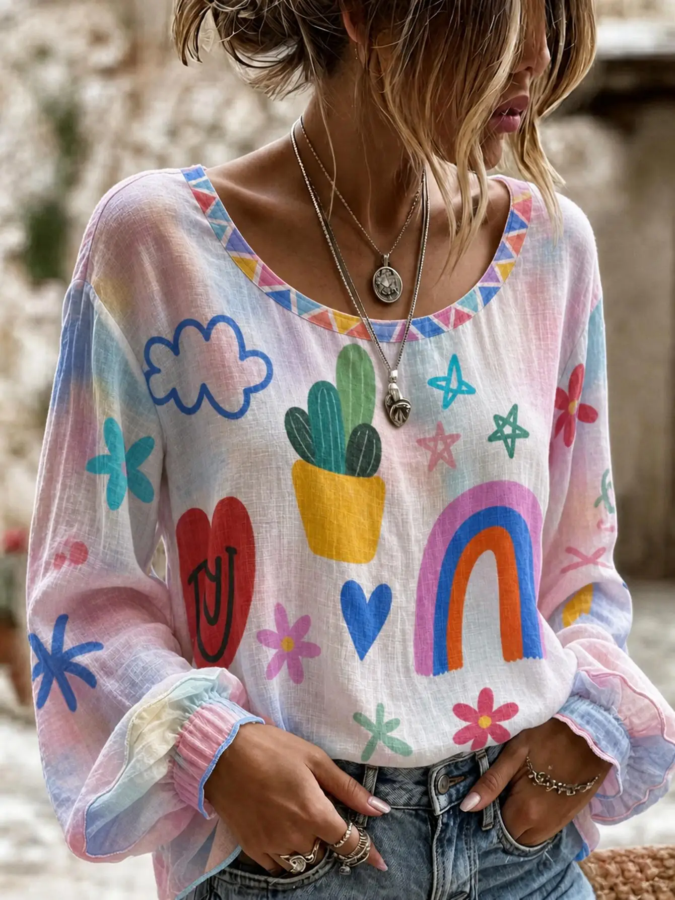 Women Plus Size Blouse 3D Rainbow Cactus Floral Print Long Sleeve Loose Casual Boho Top