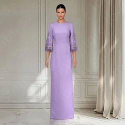 Customized Arabic Classic Evening Dresses Lilac Round Neck Prom Gowns 3/4 Sleeves Crystal Beaded Wedding Guest Dresses Back Slit