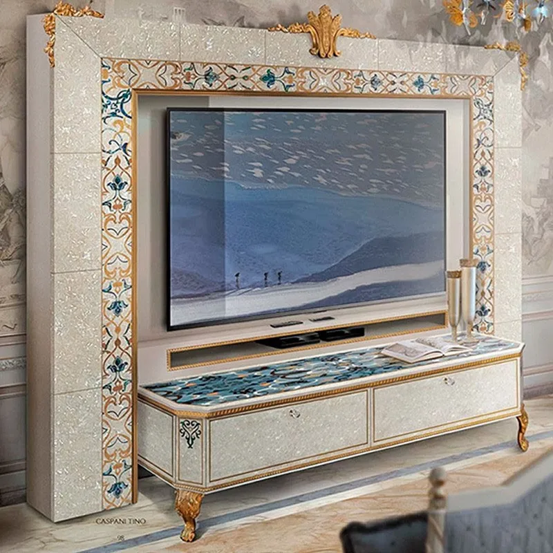 

Customized Italian European luxury TV cabinet Neoclassical audio-visual floor cabinet French shell gold foil palace solid wood