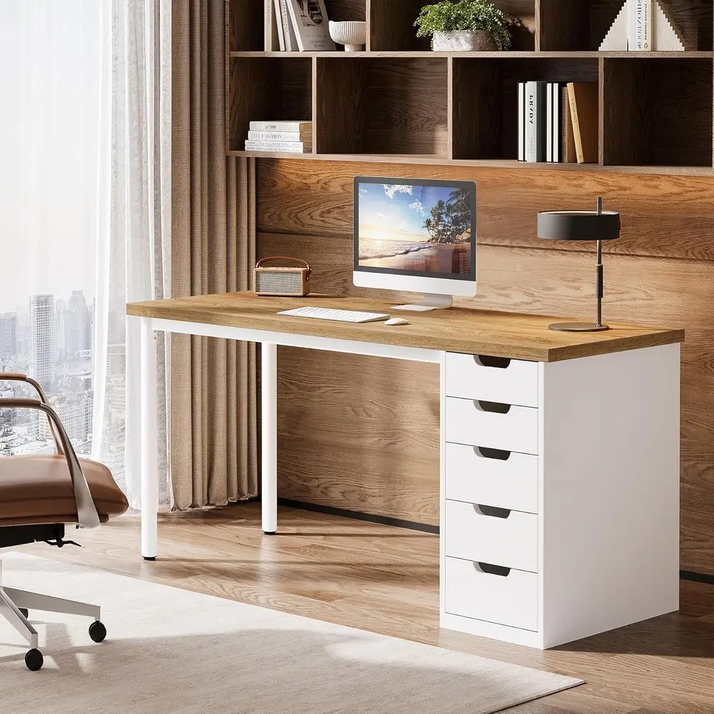 

47 Rustic Brown Wooden Desk with 5 Reversible Drawers for Compact Spaces - Walnut & White