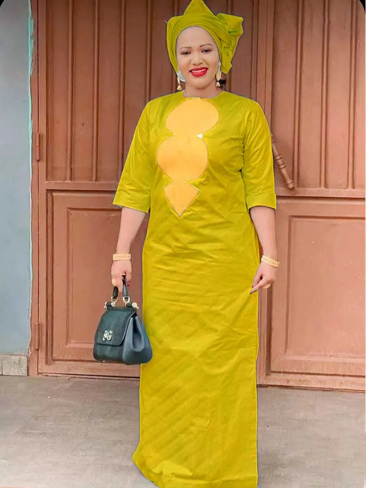 Luksusowa ręcznie robiona suknia Bazin - nowość w sukienkach dla kobiet |   Eleganckie sukienki afrykańskie idealne na imprezy, randki i zawierające chustę na głowę